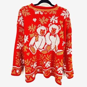 Holiday Time Christmas Sweater Womens L‎ Red Metallic Gold Bears Novelty Vintage